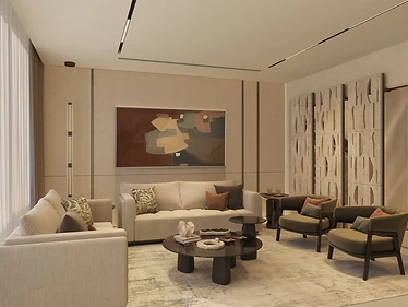 3D render, living room, flat interior design, Amman: abstract artwork, linen sofas, carved stone partitions