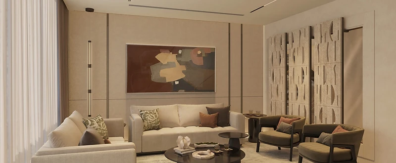 3D render, living room, flat interior design, Amman: abstract artwork, linen sofas, carved stone partitions