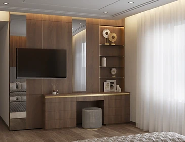 3D render, dressing area, duplex interior design, Amman: walnut TV unit, vanity table and open shelves