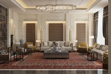 3D render, majlis, palace interior design, Doha: three timber wall panels, red patterned rug, crystal chandeliers