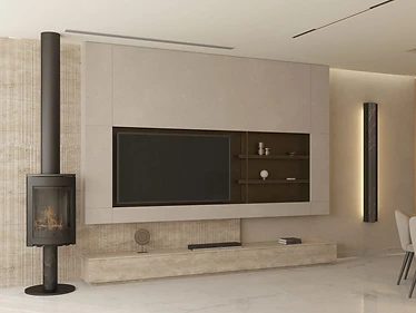 3D render, TV wall, flat interior design, Amman: wood-burning stove, ribbed travertine, low stone console
