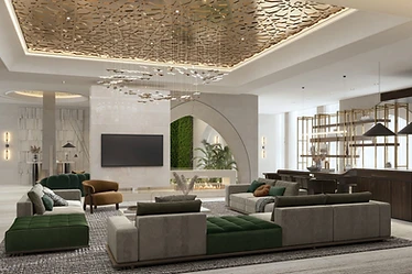 3D render, family living area, palace interior design, Doha: metal screen ceiling, arch to the garden, green velvet seating