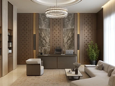 Sadu Light Residence in Qatar featuring a private office with patterned timber panels, dramatic stone and sculptural ring lighting