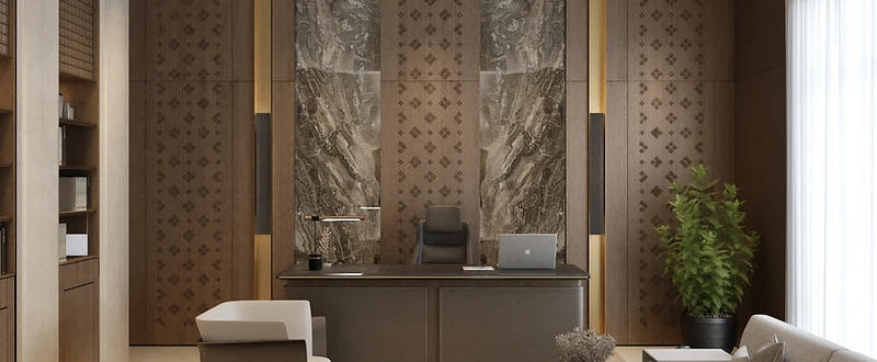Sadu Light Residence in Qatar featuring a private office with patterned timber panels, dramatic stone and sculptural ring lighting