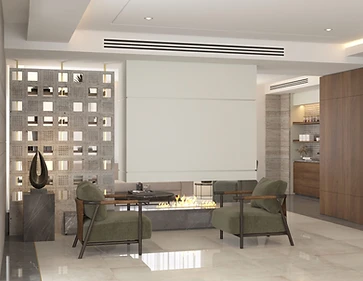 3D render, living area, duplex interior design, Amman: breeze-block screen, fireplace and green armchairs