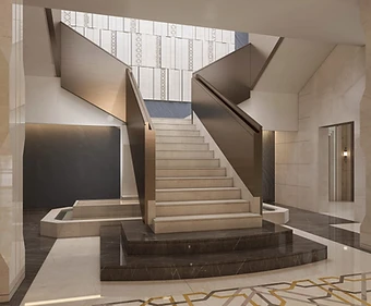 3D render, stair, palace interior design, Doha: stone treads, bronze balustrade, dark marble base