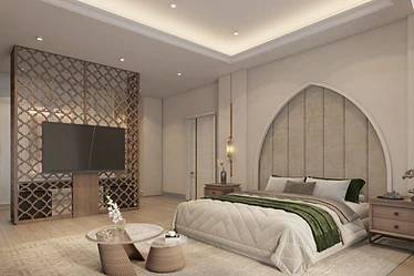3D render, guest bedroom, TV wall, palace interior design, Doha: timber lattice screen, pointed-arch headboard, green throw