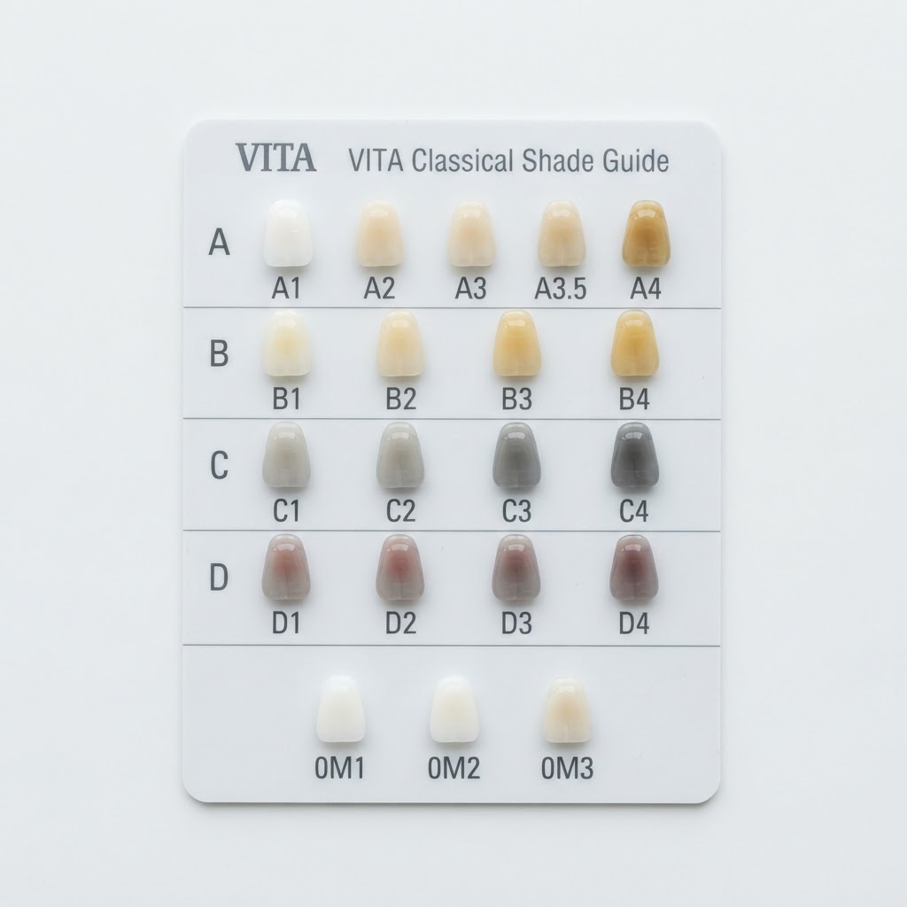 VITA Classical shade guide A1–D4 with bleached shades 0M1–0M3