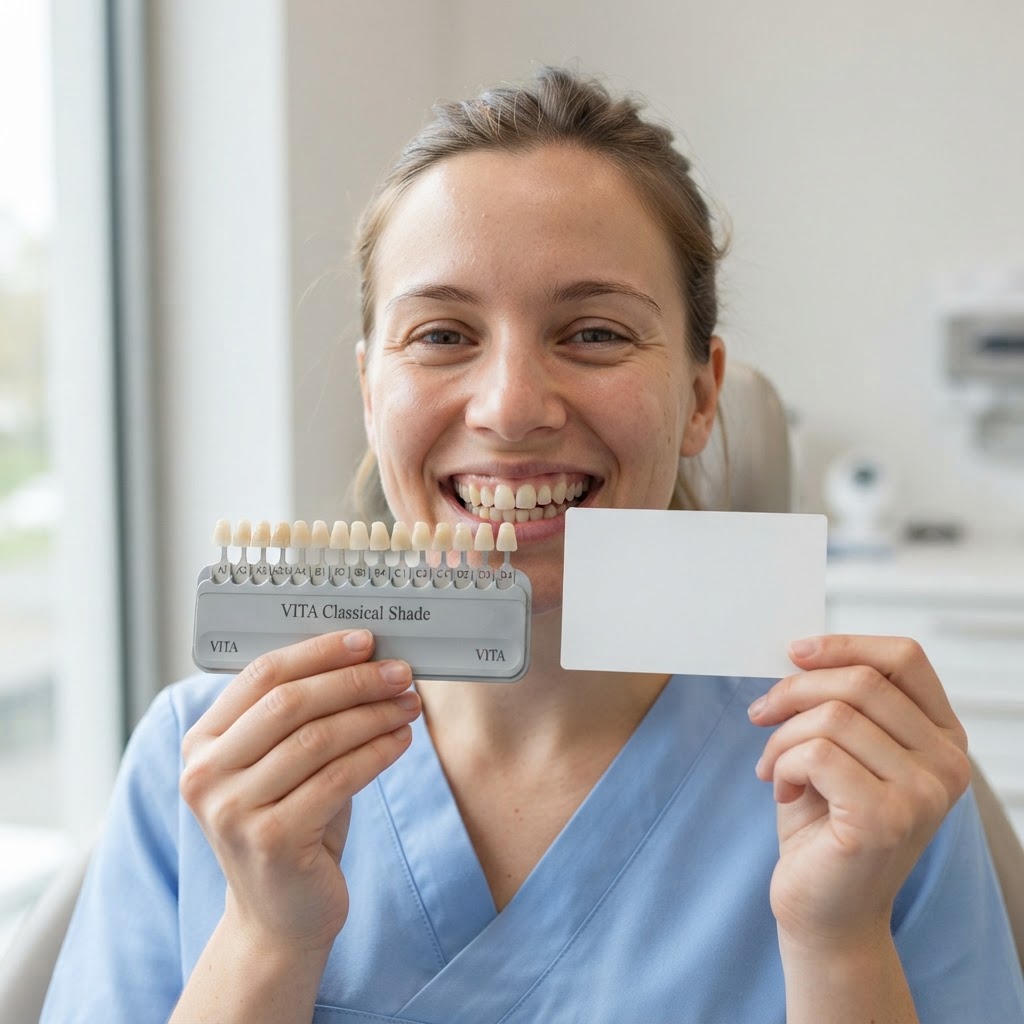 Smile with a white index card and VITA shade guide held beside the teeth for color calibration
