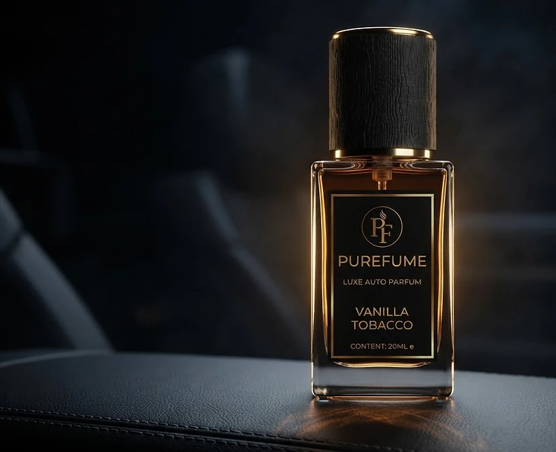 Purefume luxe auto geur in een glazen flesje op een lederen dashboard