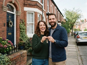 Happy UK homeowners outside their new home