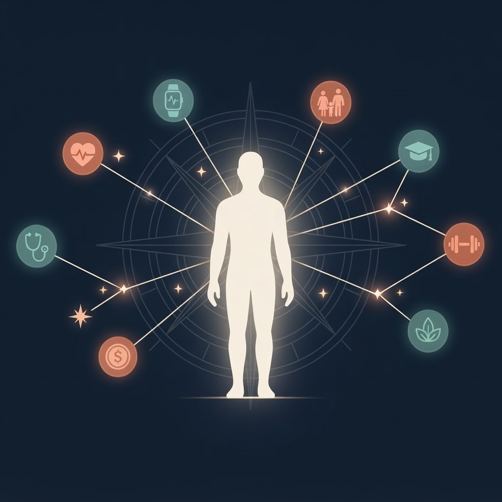 A central figure connected by constellation threads to glowing nodes representing heart-pulse, smartwatch, family, education, fitness, finance, clinical, and environmental wellness