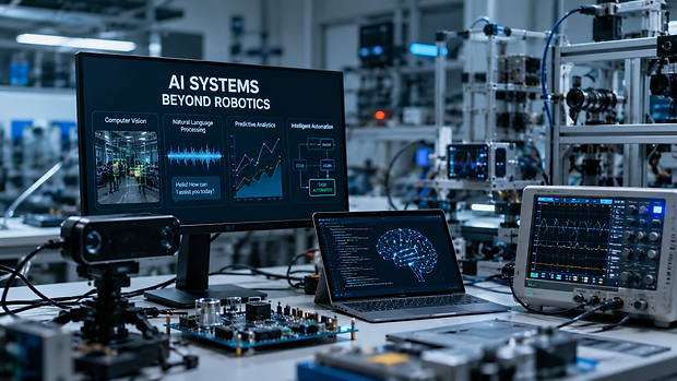 AI systems beyond robotics — lab workstation with computer vision, NLP, predictive analytics and intelligent automation