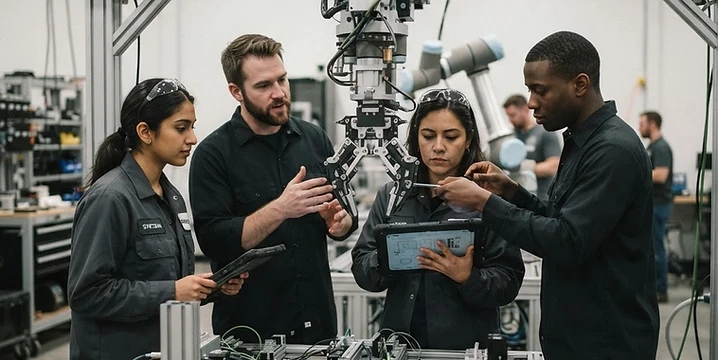 Epic Robotics engineers working around a robotic gantry in the lab