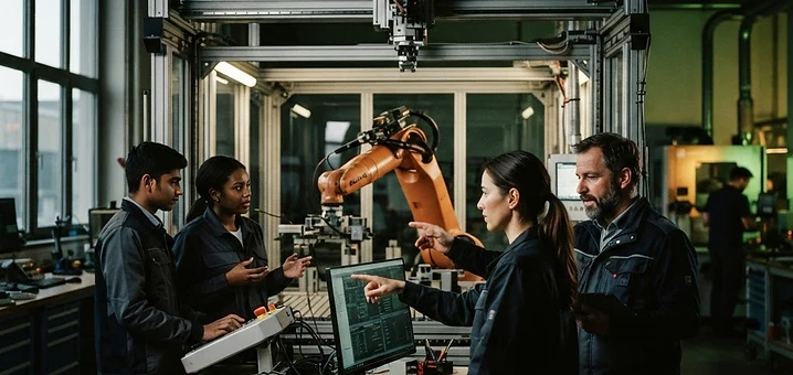 Epic Robotics engineers working around a robotic gantry in the lab