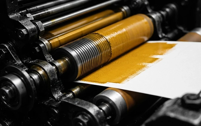 Macro view of a high-speed offset press applying golden amber ink to white paper