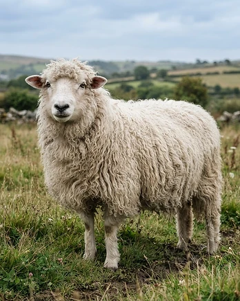 Close-up portrait of a Devon & Cornwall Longwool sheep showing the texture of its fleece