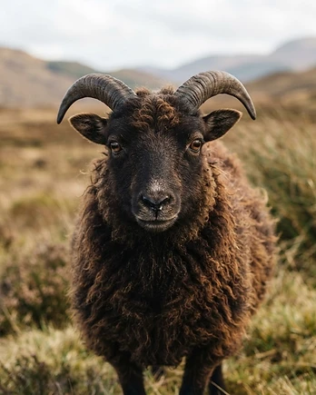 Close-up portrait of a Soay sheep showing the texture of its fleece