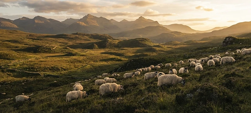Highland landscape evoking the ancient origins of sheep farming
