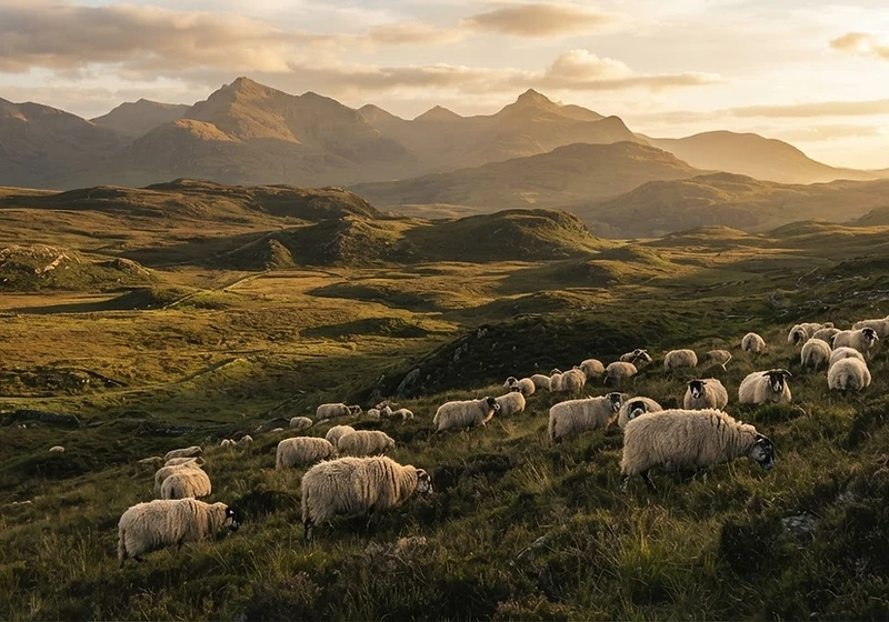 A flock of cream-fleeced sheep grazing on rolling highland moorland at golden hour