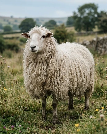 Close-up portrait of a Leicester Longwool sheep showing the texture of its fleece