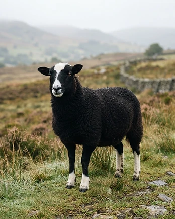 Close-up portrait of a Balwen Welsh Mountain sheep showing the texture of its fleece