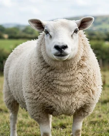 Close-up portrait of a Texel sheep showing the texture of its fleece