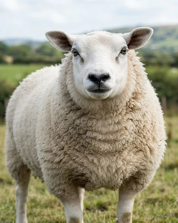 Close-up portrait of a Texel sheep showing the texture of its fleece