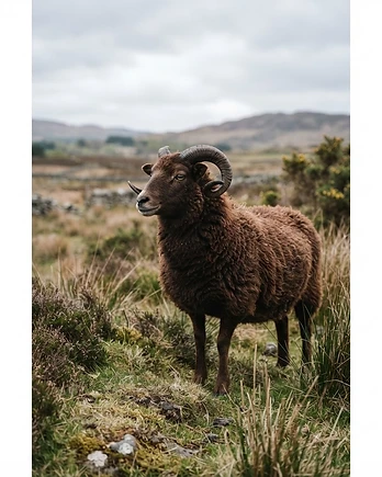 Close-up portrait of a Castlemilk Moorit sheep showing the texture of its fleece