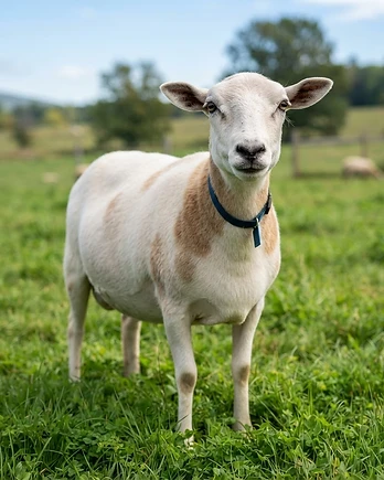 Close-up portrait of a Katahdin sheep showing the texture of its fleece