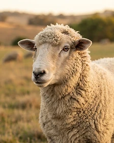 Close-up portrait of a Rambouillet sheep showing the texture of its fleece