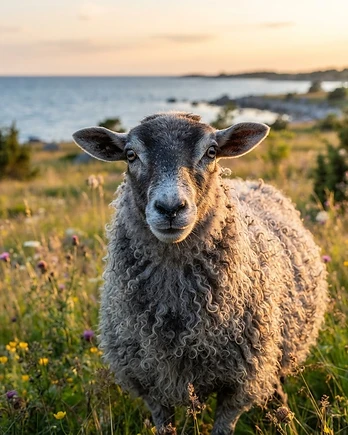 Close-up portrait of a Gotland sheep showing the texture of its fleece
