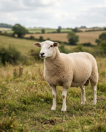 Close-up portrait of a Poll Dorset sheep showing the texture of its fleece