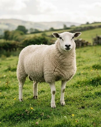Close-up portrait of a Lleyn sheep showing the texture of its fleece