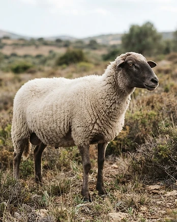 Close-up portrait of a Sarda sheep showing the texture of its fleece