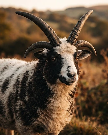 Close-up portrait of a Jacob sheep showing the texture of its fleece