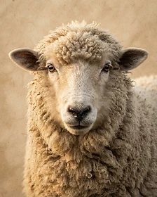 Close-up portrait of a Merino sheep showing the texture of its fleece