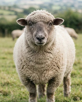 Close-up portrait of a Southdown sheep showing the texture of its fleece