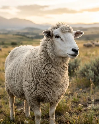 Close-up portrait of a Targhee sheep showing the texture of its fleece