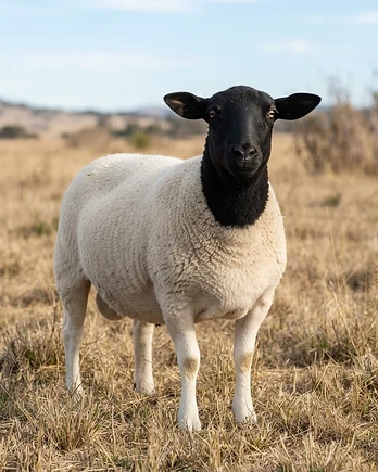 Close-up portrait of a Dorper sheep showing the texture of its fleece