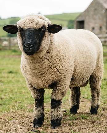Close-up portrait of a Hampshire sheep showing the texture of its fleece