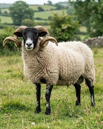 Close-up portrait of a Norfolk Horn sheep showing the texture of its fleece