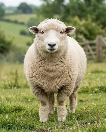 Close-up portrait of a Ryeland sheep showing the texture of its fleece