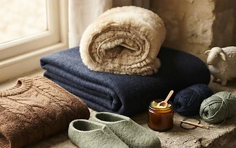 Still life of sheep-derived products: wool sweater, lanolin jar and yarn on stone