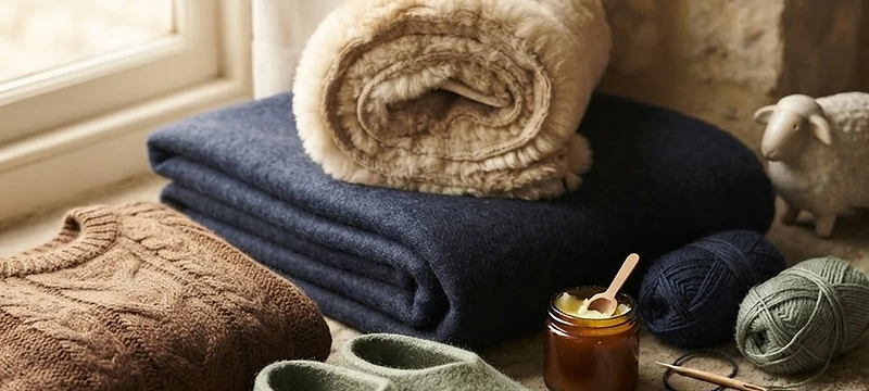 Still life of sheep-derived products including wool sweater, lanolin jar and yarn