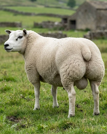 Close-up portrait of a Beltex sheep showing the texture of its fleece