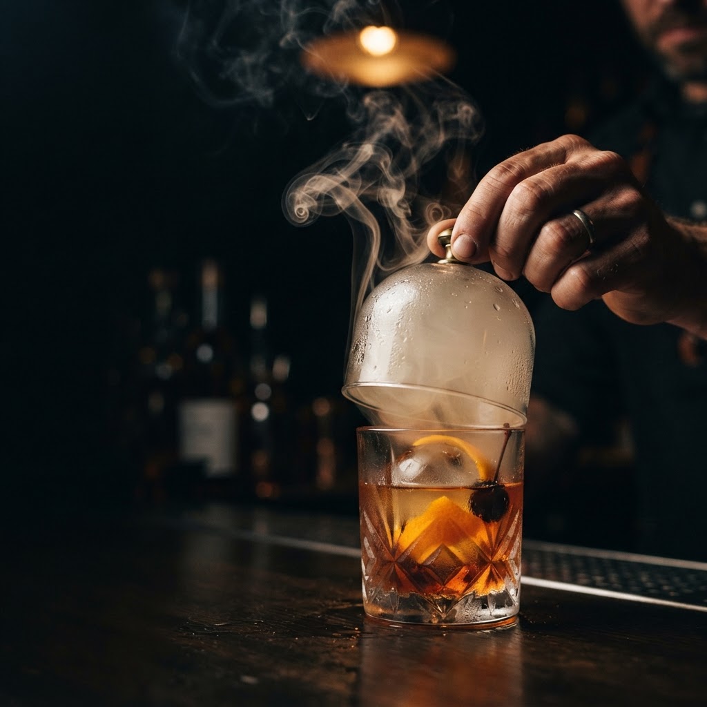 Bartender crafting a smoked old fashioned under dramatic light