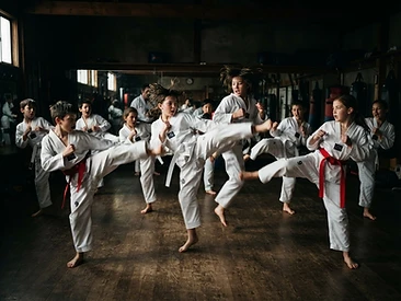 Group of youth martial arts students practicing a kicking drill in a dark dojo