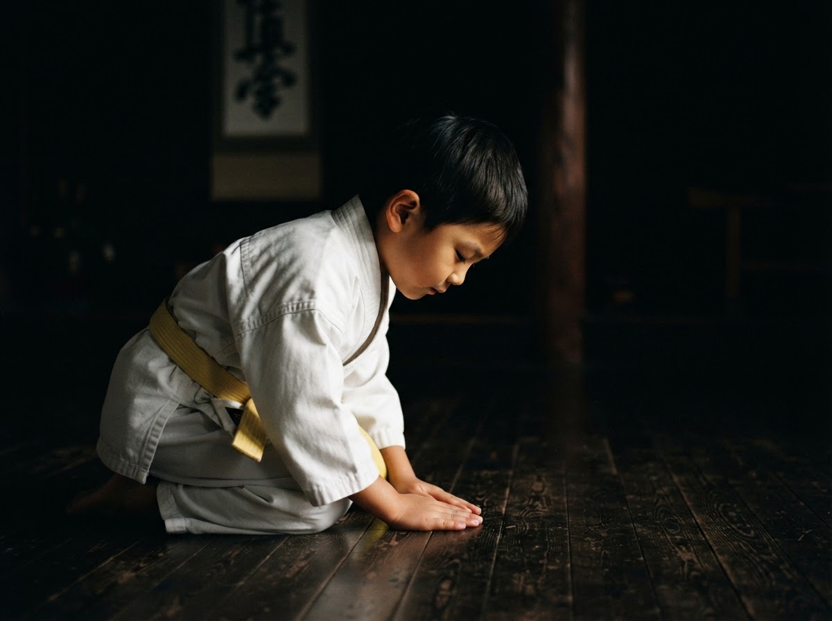 Young child in a martial arts uniform bowing respectfully in a dojo