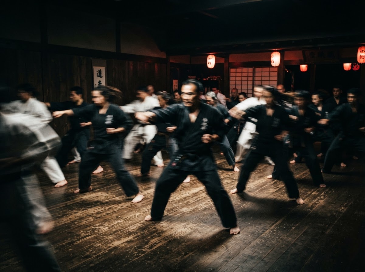 Martial arts class performing a synchronized drill with motion blur in a dark dojo